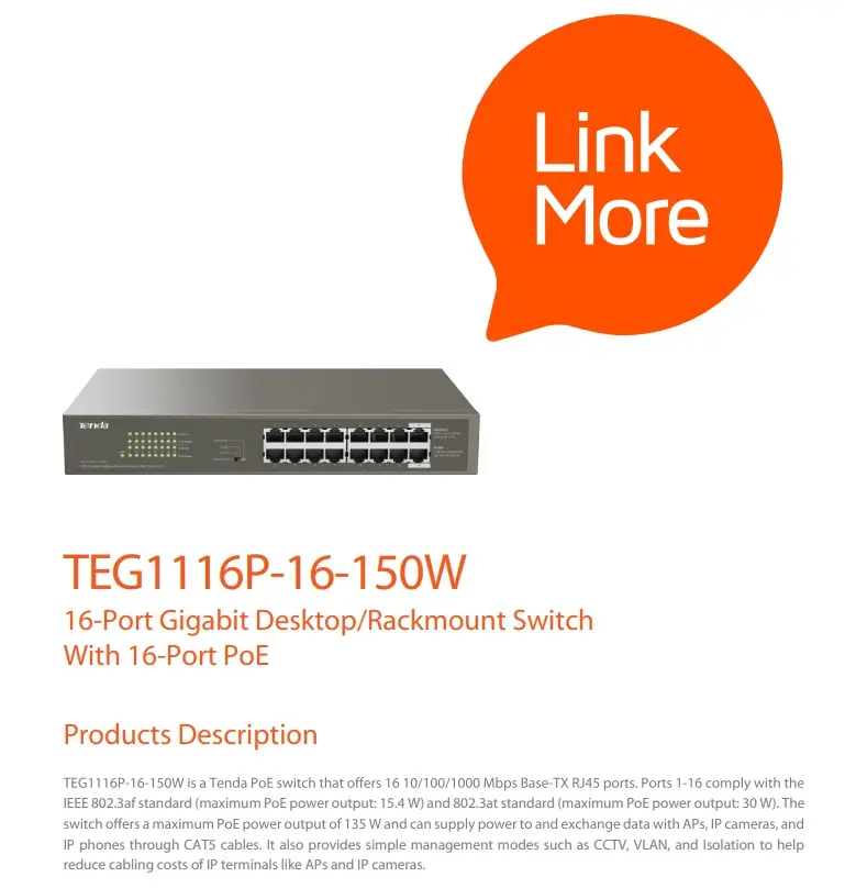 TENDA TEG1116P-16-150W | 16PORTS GIGA POE SWITCH